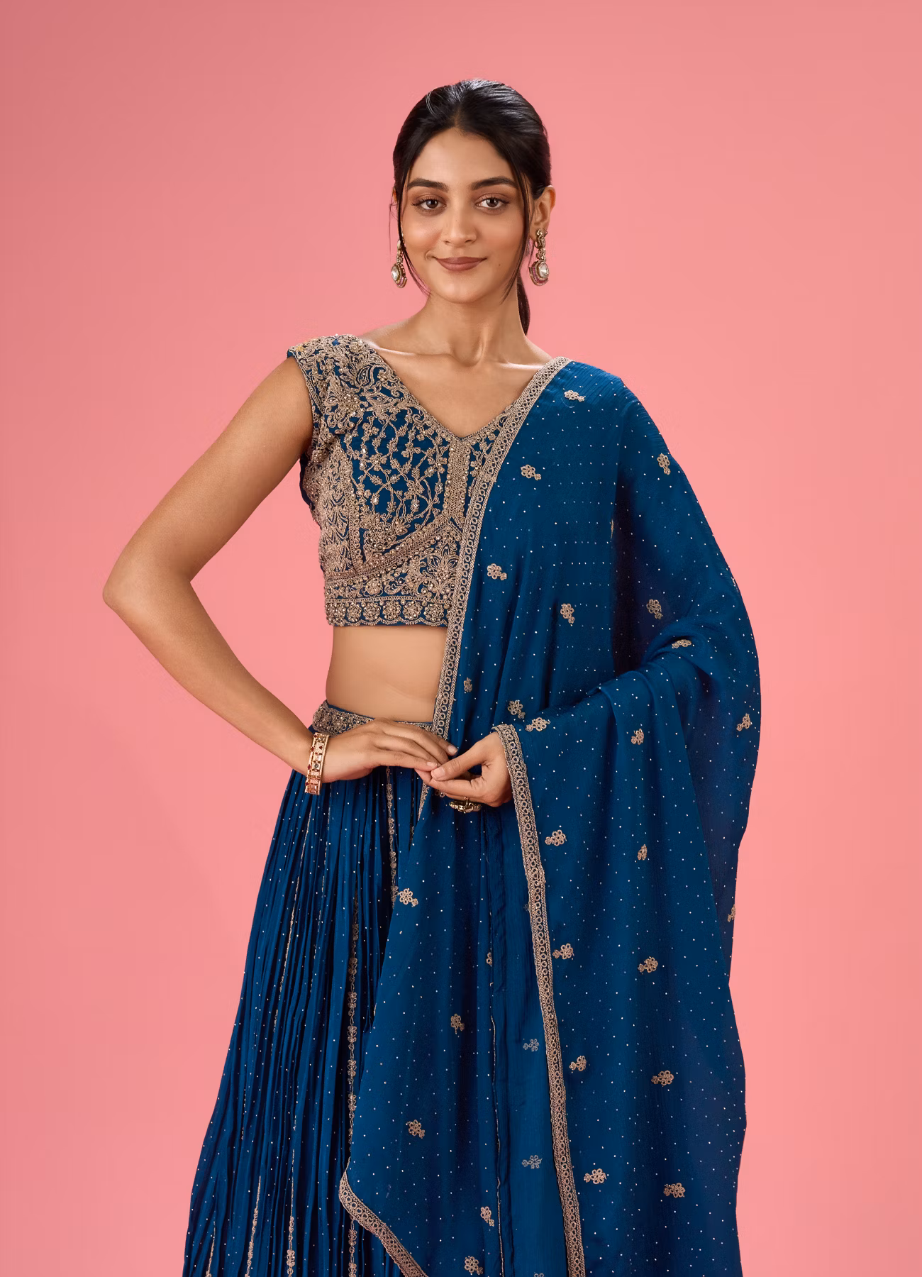 Panna Garnet Georgette Lehenga Set And Net Dupatta With Readymade Blouse