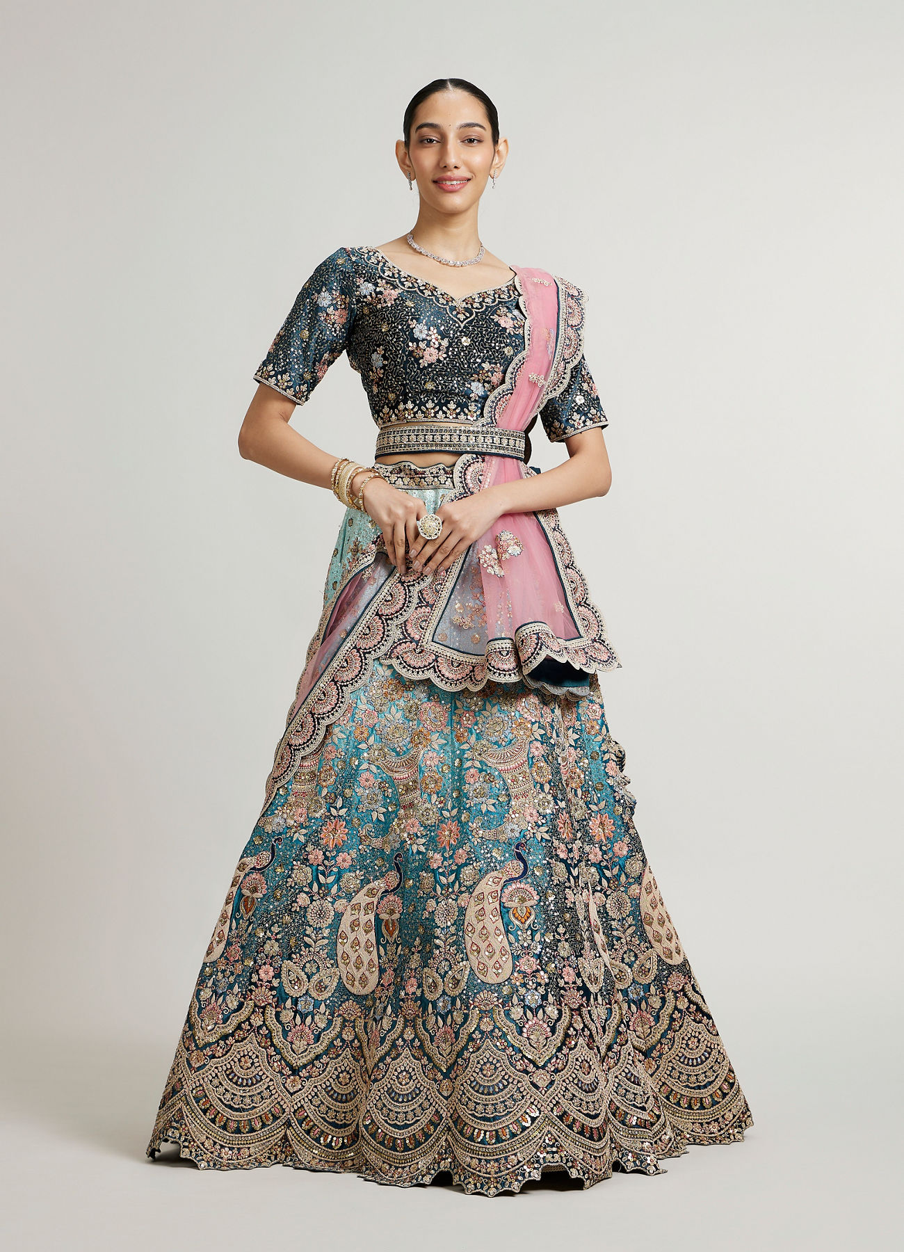 Stellar Blue Embroidered Lehenga with Imperial, Floral And Peacock Motifs