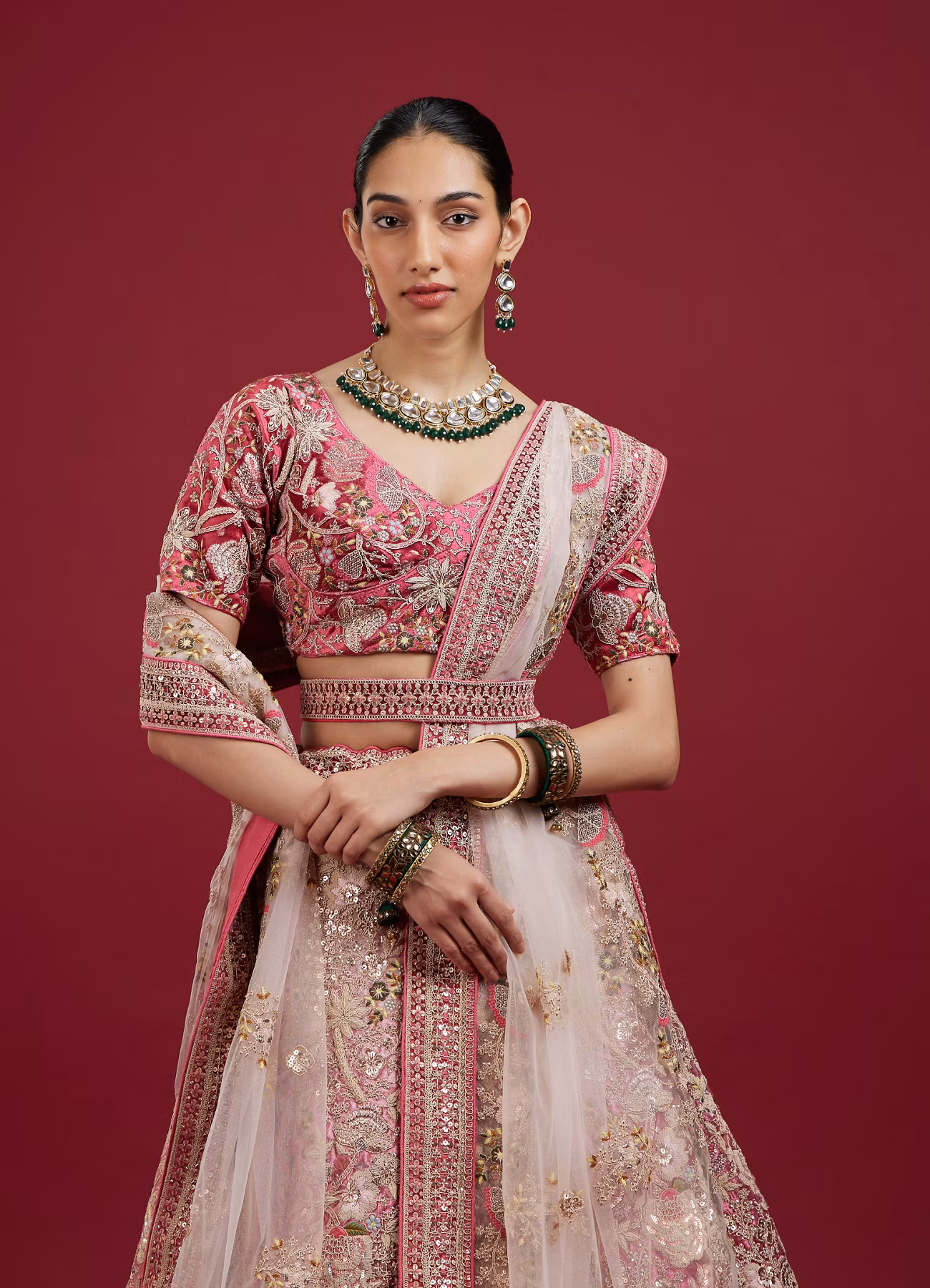 Berry Pink Floral Embroidered Bridal Lehenga
